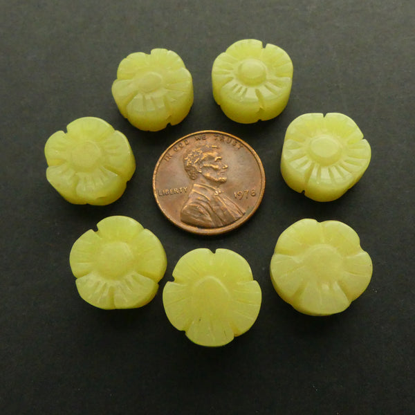 Olive Jade, Carved Flower Beads, 14mm Diameter, Sold Individually