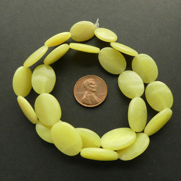 Olive Jade, Flat Ovals 18x12mm on 16-inch Strands