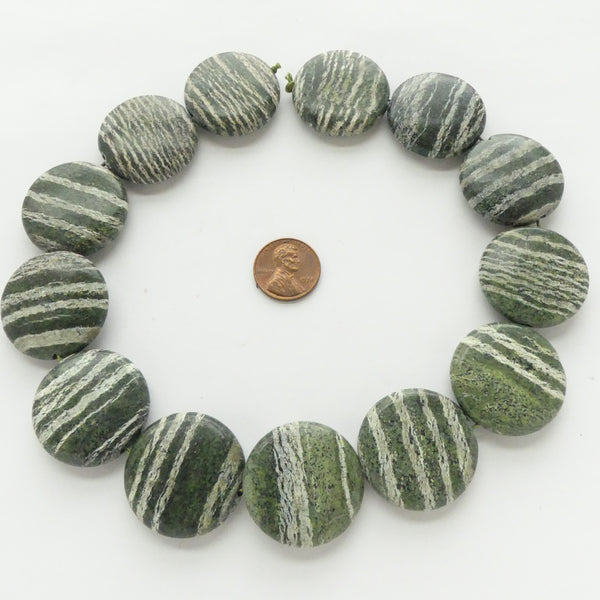 Zebra Jasper, Green Coin Shape 30mm Diameter on 16-inch Strand