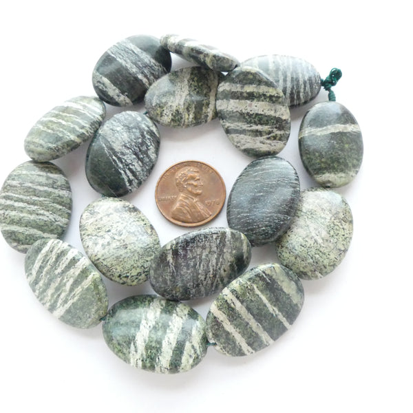 Green Zebra Jaspter, Flat Ovals, 25x18mm on 16-inch Strands