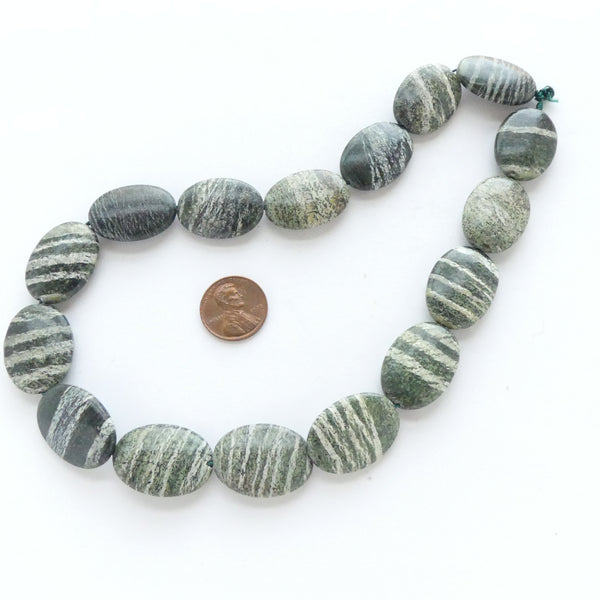 Green Zebra Jaspter, Flat Ovals, 25x18mm on 16-inch Strands