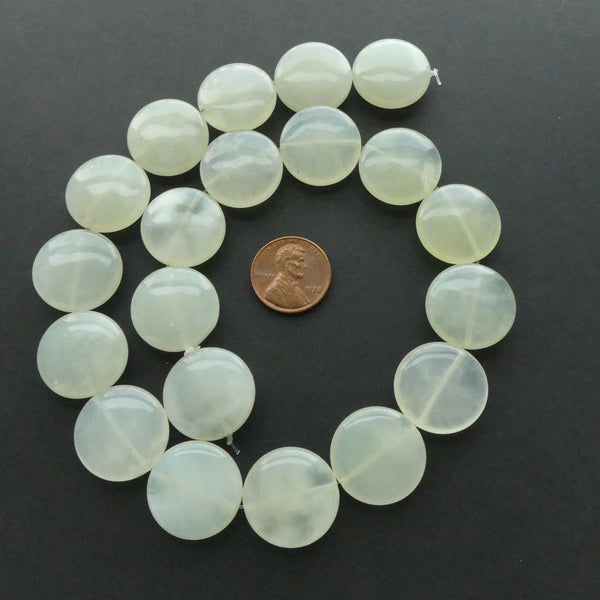 New Jade, Coin, Slightly Puffy, 20mm Diameter on 16-inch Strands