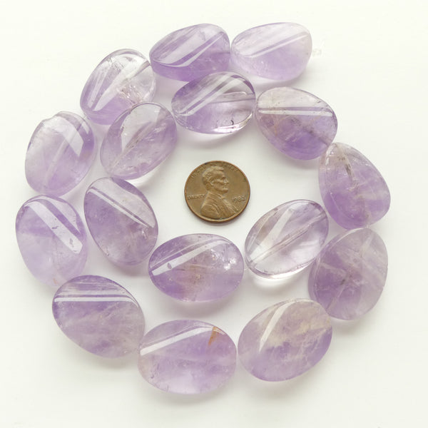 Amethyst, Twisted Thick Flat Ovals, 25x18mm on 16-inch strands