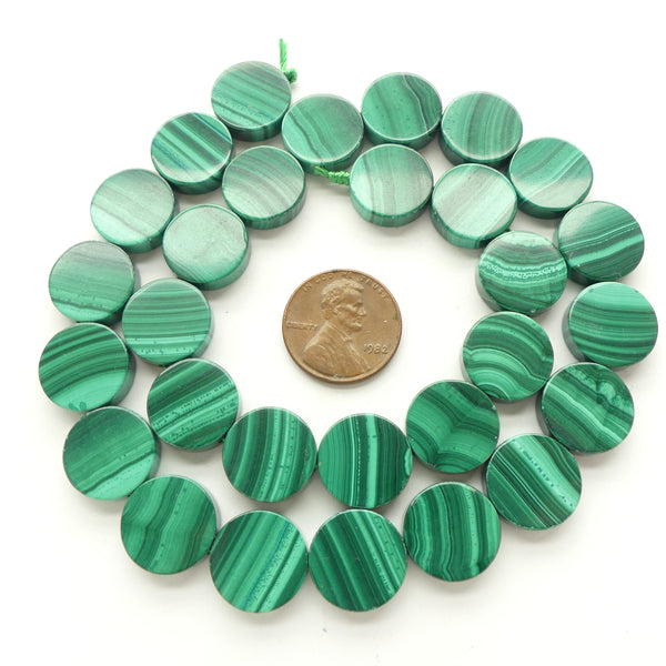 Malachite, Coin Shape 14mm Diameter, on 16-inch Strands
