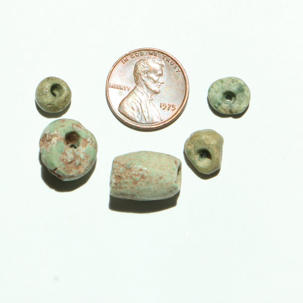 Ancient, Maya Jade or Related Grey/Green Stone Beads, Largest 13x10mm, Set of 6
