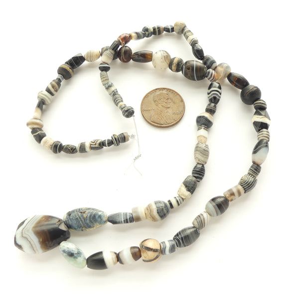 Ancient Bacrian Black and White Banded Agate Beads on 18-inch Strand