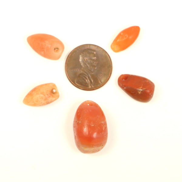 Carnelian, Ancient,Tairona Pre-Columbian Pendants, Set of 5 including one "Bullet" Style