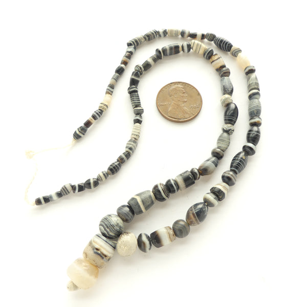 Ancient Bactrian Black & White Banded Agate Beads on 16-inch Strand