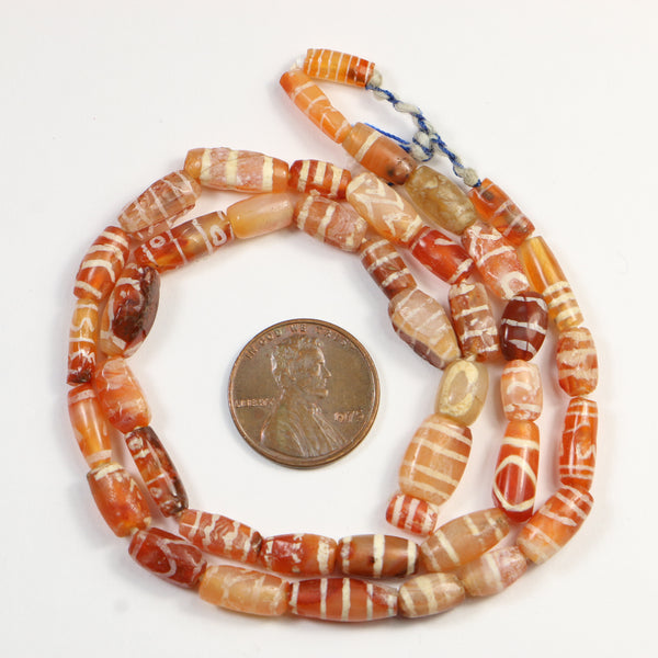 Ancient Bactrian Bronze Age "Etched" Carnelian, 18-inch Strand including Pendant