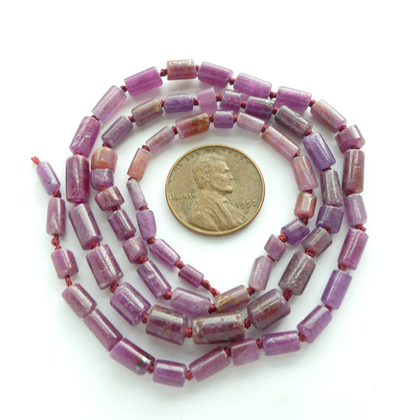 Ruby, Natrual Cylinder Shapes in a Variety of Sizes 6x3 to 9x6mm, 18.5-inch Strand