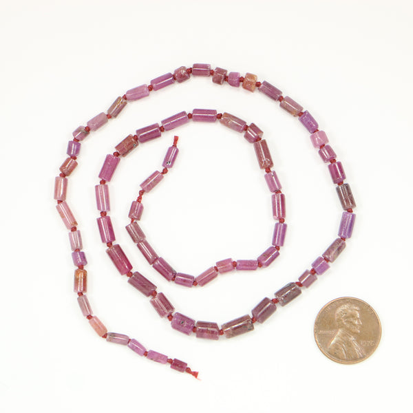 Ruby, Natrual Cylinder Shapes in a Variety of Sizes 6x3 to 9x6mm, 18.5-inch Strand