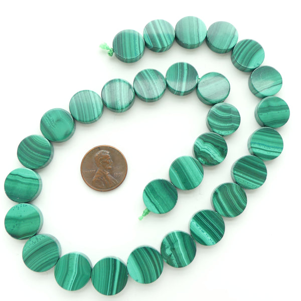 Malachite, Coin Shape 14mm Diameter, on16-inch Strand