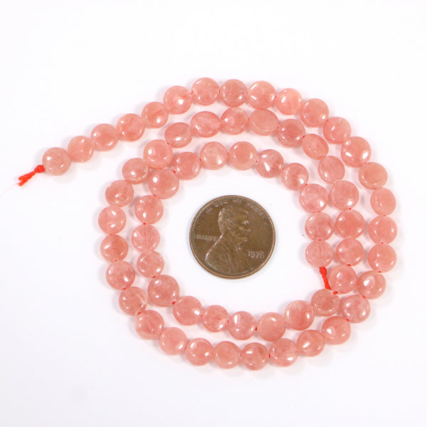 Rhodochrosite, Coin Shape, Mini 6mm Diameter on 16-inch Strands