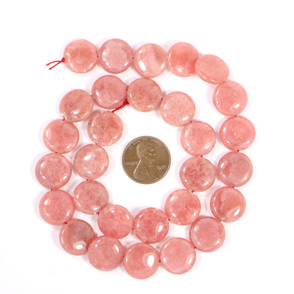 Rhodochrosite, Coin Shape Medium Large, 14mm Diameter on 16-inch Strand