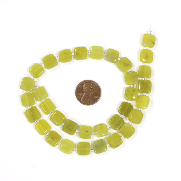 Olive Jade, Small Square Flat Shapes 10x10mm on 16-inch Strands