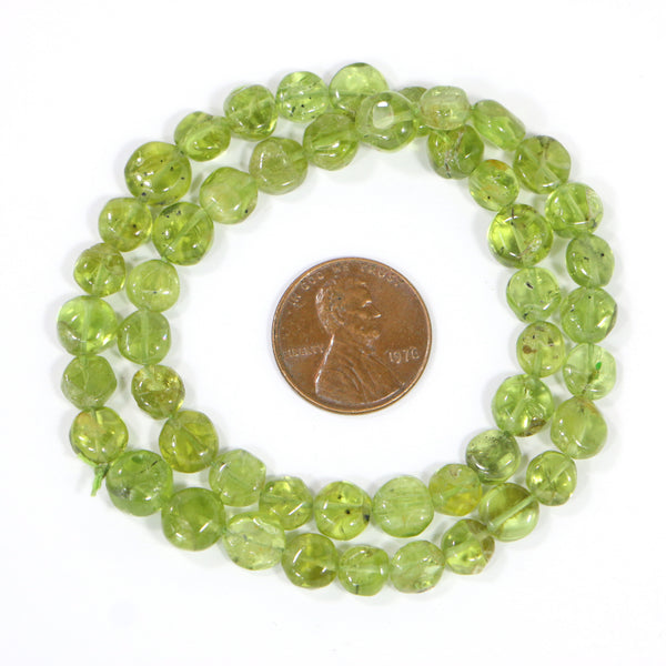 Peridot, Coin Shape, Mini 5mm Diameter on Short 13-inch Strand