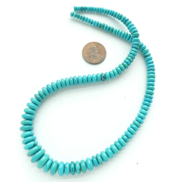 Turquoise, Rondelle, Graduated, Largest 4x10mm to 2x4mm on 16-inch Strand