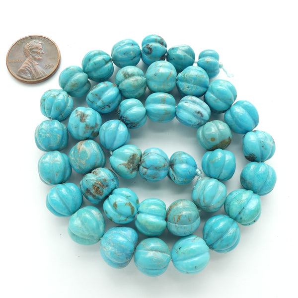 Turquoise, Melon Beads, 10mm Diameter, Bright Turquoise Blue on 15.5-inch Strand