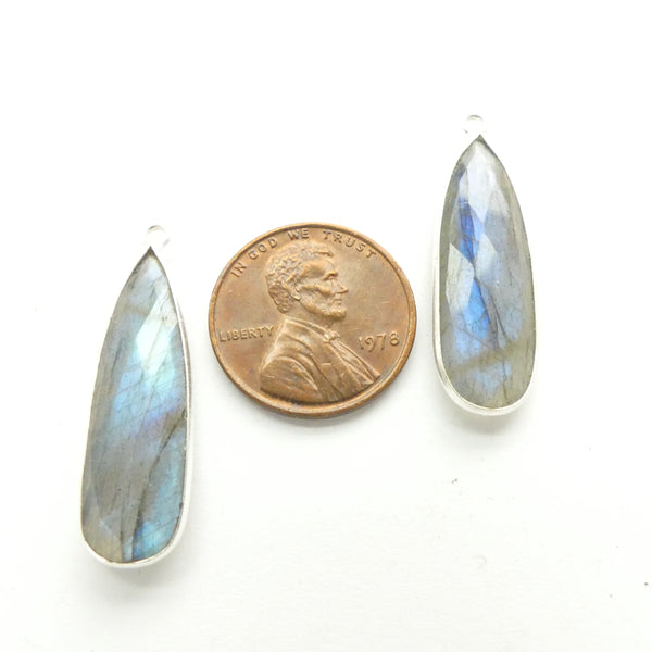 Labradorite, Faceted Long Drop Pendants Bezel-Set in Silver, 30mm Long, Sold Individually
