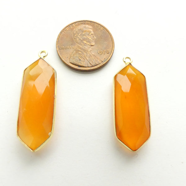 Carnelian, Faceted Long Hexagons Bezel-Set in Gold Plates Metal, 30mm, Sold Individually