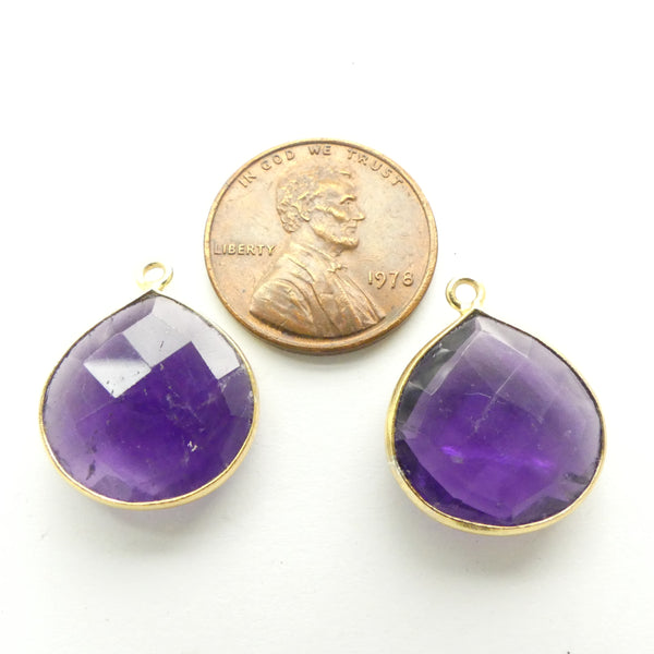 Amethyst, Faceted Wide Drops Bezel-Set in Gold Plated Metal, 20mm Long, Sold Individually