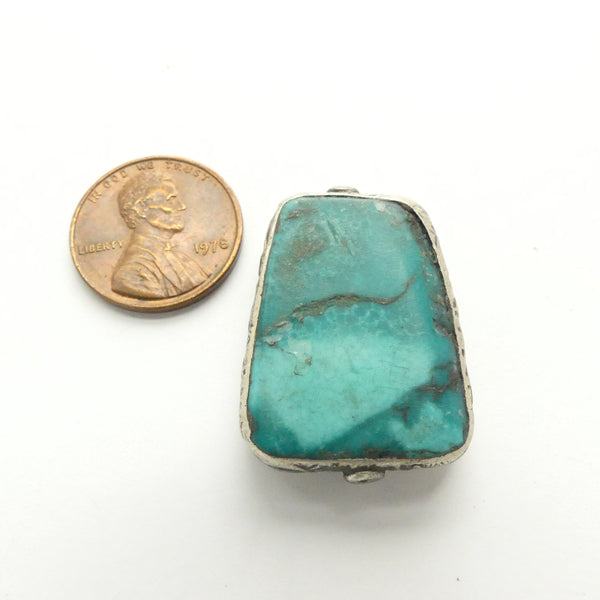 Turquoise, Antique Tibetan Trapezoidal Bead, Framed in Silver, 32x23mm