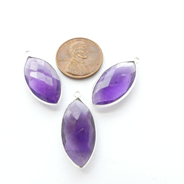 Amethyst, Faceted Ovals Bezel-Set in Silver, 27mm Long, Sold Individually