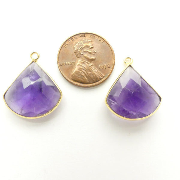 Amethyst, Faceted Triangle Drops Bezel-Set in Gold Plated Metal, 20mm Long, Sold Individually