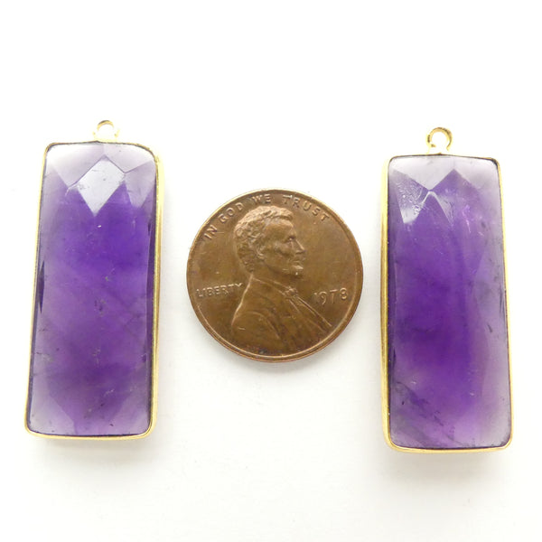 Amethyst, Faceted Rectangle Drops Bezel-Set in Gold Plate, 32mm Long, Sold Individually