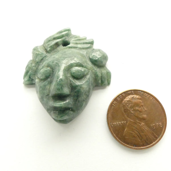 Jade Pendant, Carved Maya Face Pendant with Fancy Headdress/Hair, 35x30mm