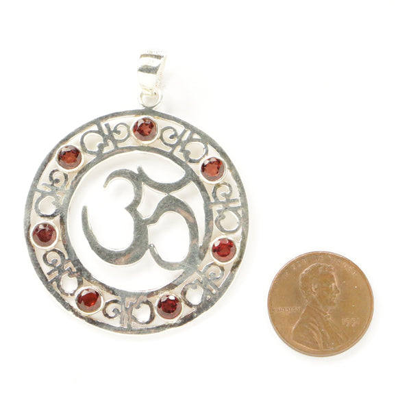 Om Pendant, Round Silver with Faceted Garnet Cabochons, Pendant is 40mm Diameter