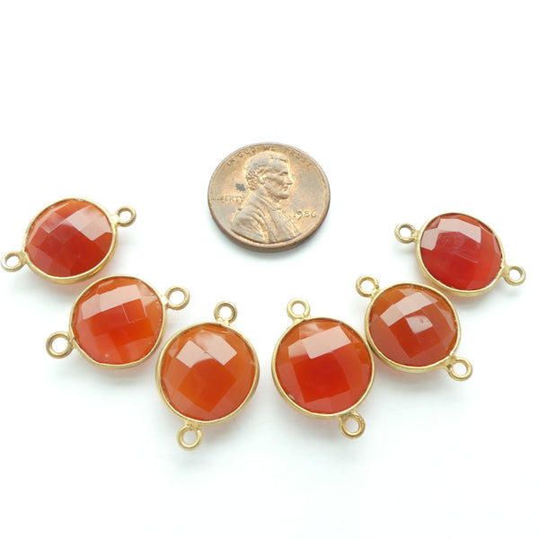 Carnelian, Faceted Round Links Bezel-Set in Gold Plate, 20mm with Loops, Sold Individually