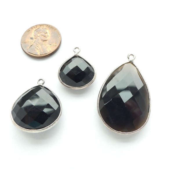 Black Onyx, Faceted Drops 3 Sizes, Bezel-Set in Silver, Sold as a Set of 3