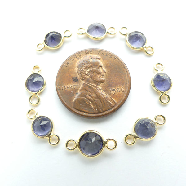 Iolite, Faceted Tiny Round Bezel-Set Links in Gold Plate, 10mm with Loops, Sold as a Set of 8