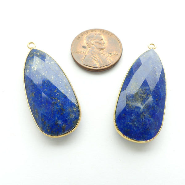 Lapis, Faceted, Large Long Drops, Bezel-Set in Gold Plated Metal, 36mm Long, Sold Individually