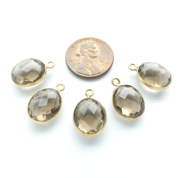 Smoky Quartz, Faceted Bezel-Set Oval Charms, 16mm Long with Loop, Sold Individually