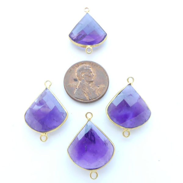 Amethyst, Faceted Triangle Shape Links Bezel-Set in Gold Plate, 24mm Long, Sold Individually