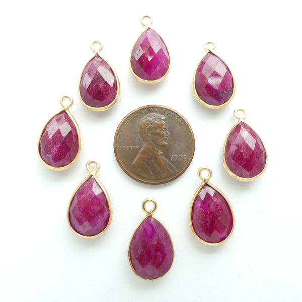 Ruby, Faceted, Bezel-Set Drop Shape Charms/Pendants, 19x10mm, Sold Individually