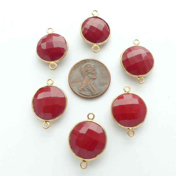 Red Dyed Stone, Faceted Round Bezel-Set Links, 20mm Diameter Including Loops, Sold Individually