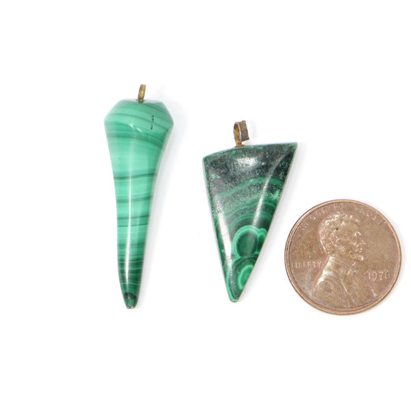 Malachite, Small Pendants Drop and Traingle Shapes Longest 35mm, Sold as a Set of 2