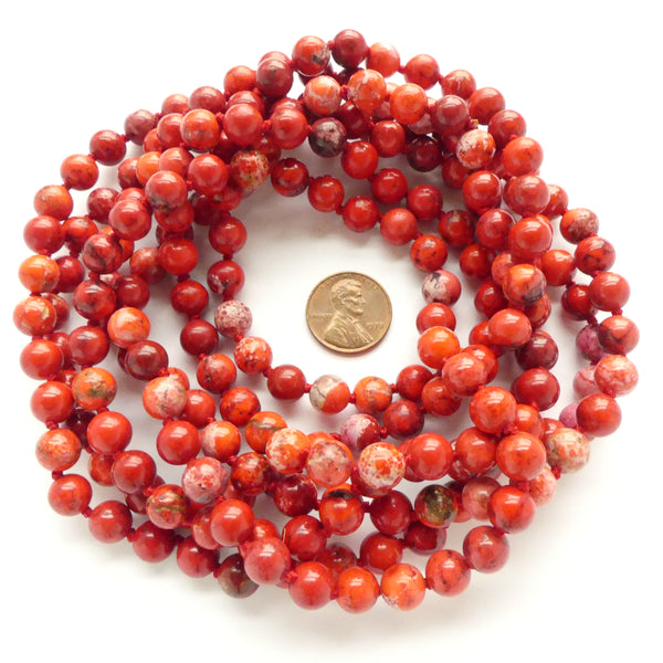 Magnesite Dyed Red-Orange, Round 8mm on Extra Long Endless Knotted Strand