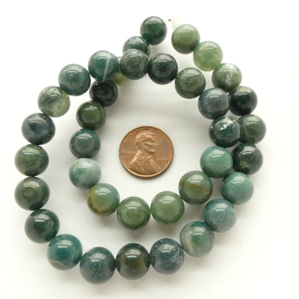 Moss Agate, Round 10mm, More Solidly Green and Darker Than Most, 16-inch Strands