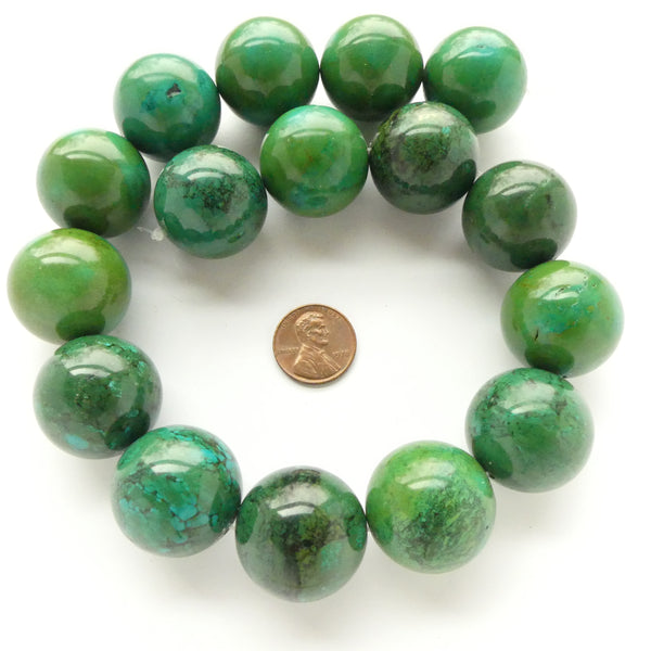 Turquoise, Beads, Round 25mm, Extraordinary Green on 16-inch Strand