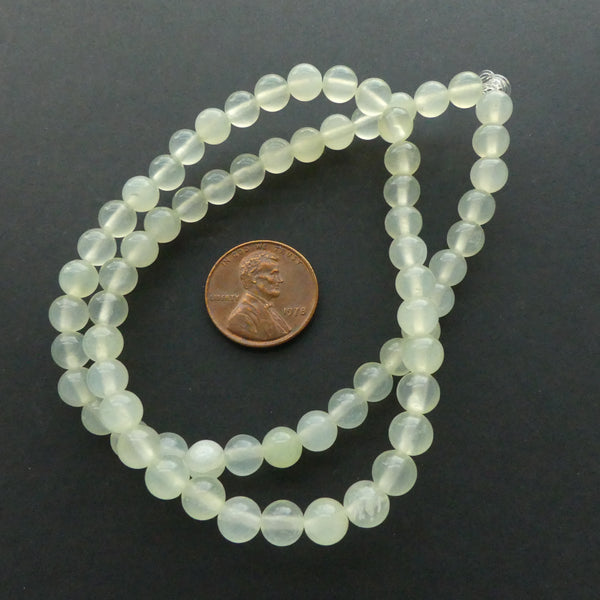 New Jade, Round 6mm Beads, Pale Nearly Translucent Green on 16-inch Strands