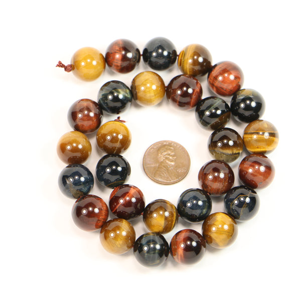 Tiger Eye, Round, 14mm, Mix of Red and Golden Brown Tiger Eye Beads, 16-inch Strands
