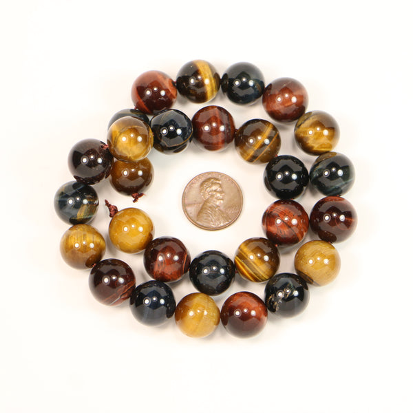Tiger Eye, Round, 14mm, Mix of Red and Golden Brown Tiger Eye Beads, 16-inch Strands
