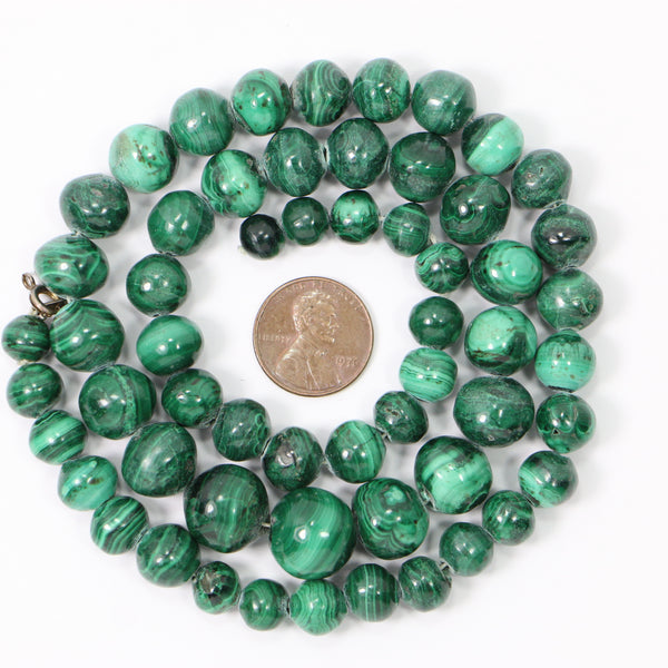 Malachite, Graduated Strand of Round Beads 7-15mm on 21.5-inch Strand