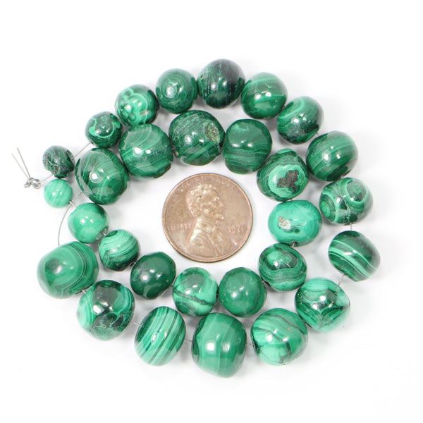 Malachite, Round Beads Graduated Short Strand 6-17mm Diameter on 20-inch Strand
