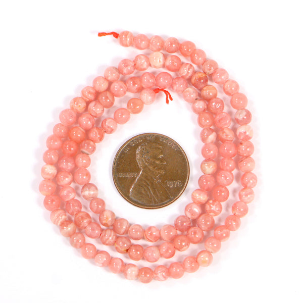 Rhodochrosite, Round 5mm Diameter Beads on 16-inch Strands