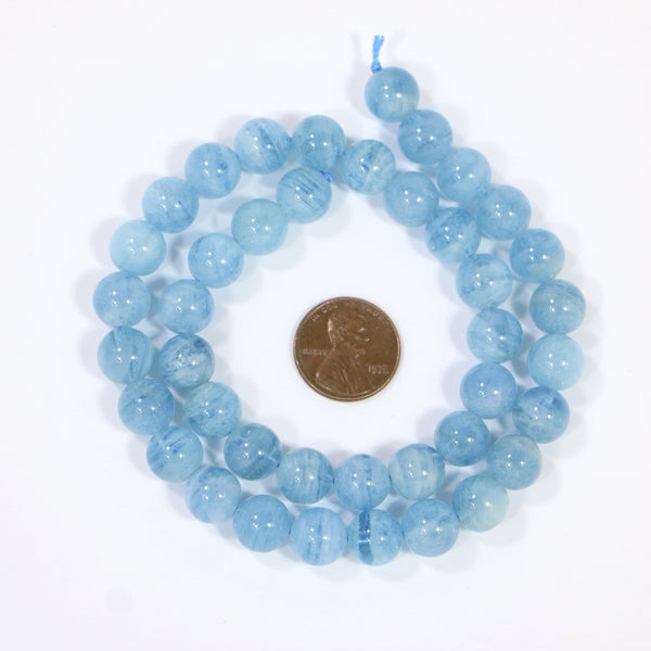 Aquamarine, Round, 10mm Diameter on 16-inch Strand, Icy Blue